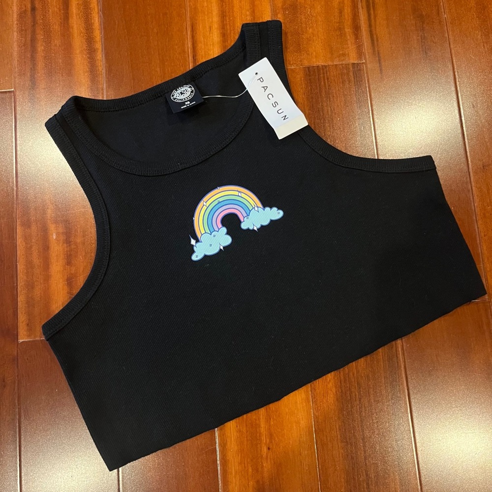 PacSun Crop Tank Rainbow Graphic Black Ribbed Sleeveless Top New Junior‎ XS